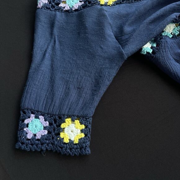 Rain Womens Granny Square Crochet Blouse Medium Blue Boho V Neck Hippie Festival - Picture 4 of 11